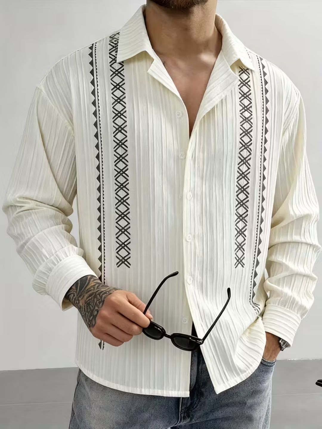 Premium All-Season Textured Digital-Print Button-Down Shirt
