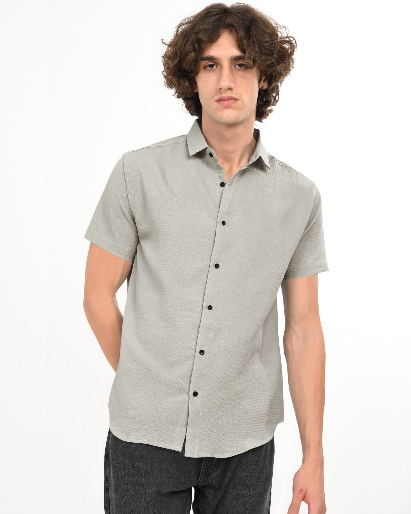 Grey Textured Short-Sleeve Button-Up Shirt for Men