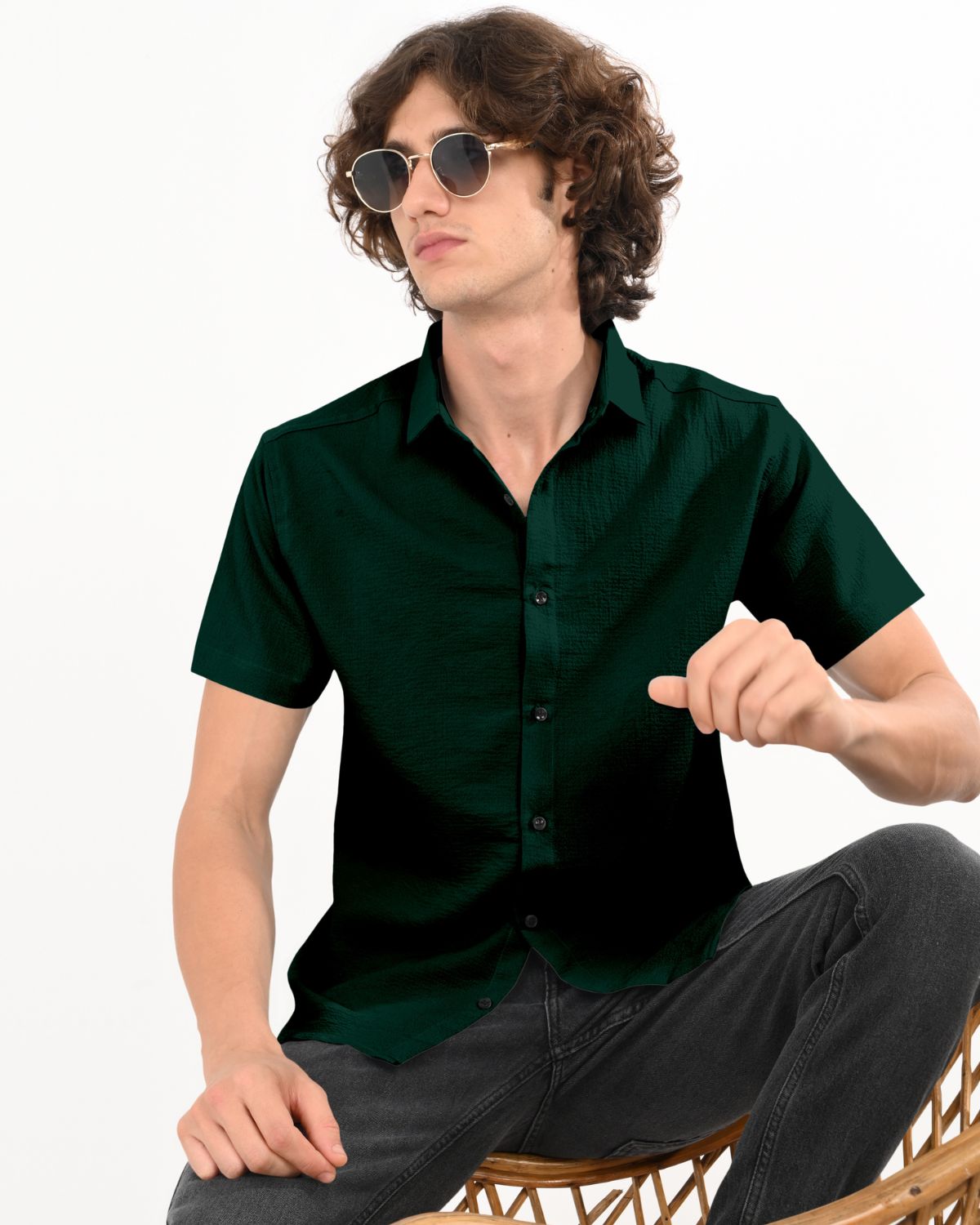Men’s Dark Green Textured Short Sleeve Shirt