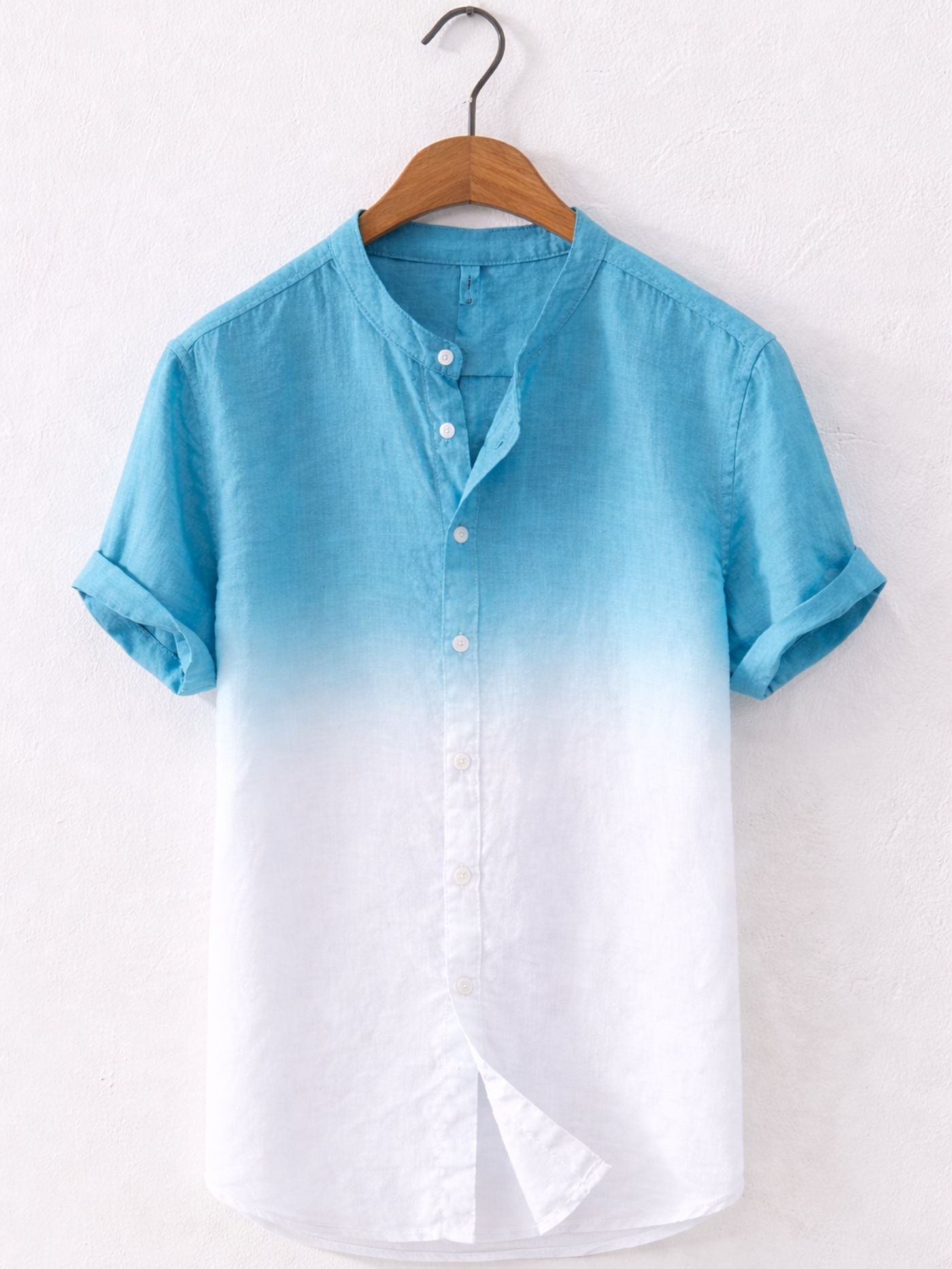 Aqua blue Swiss linen fade shirt for men with mandarin collar