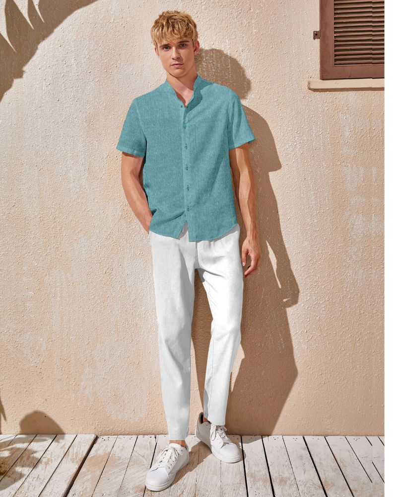 Aqua short sleeve linen shirt for men