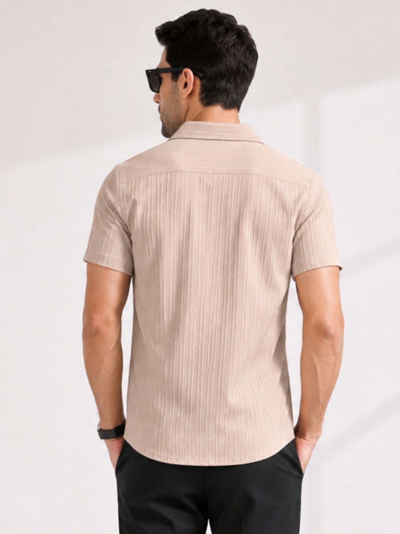 Back view of Cottonfolk Solace sand beige air-texture half-sleeve shirt