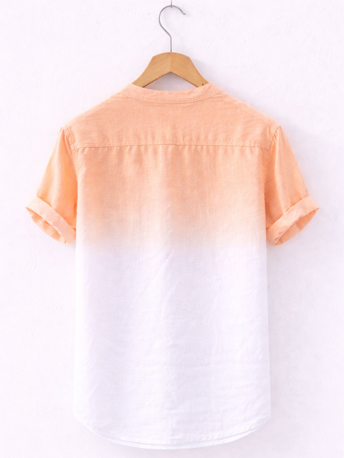 Back view of Swiss Linen Fade Shirt Coral White showing double shoulder yoke and smooth fade