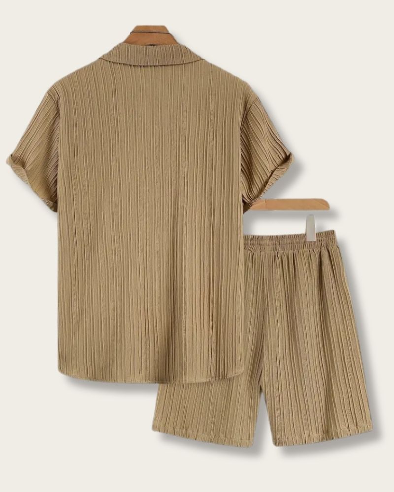 Back view of beige co-ord lounge set with textured fabric
