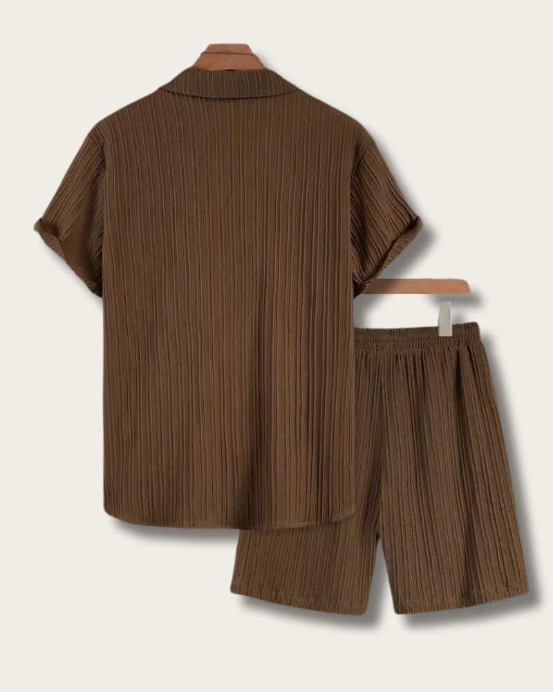 Back view of brown two-piece co-ord set with crinkle texture