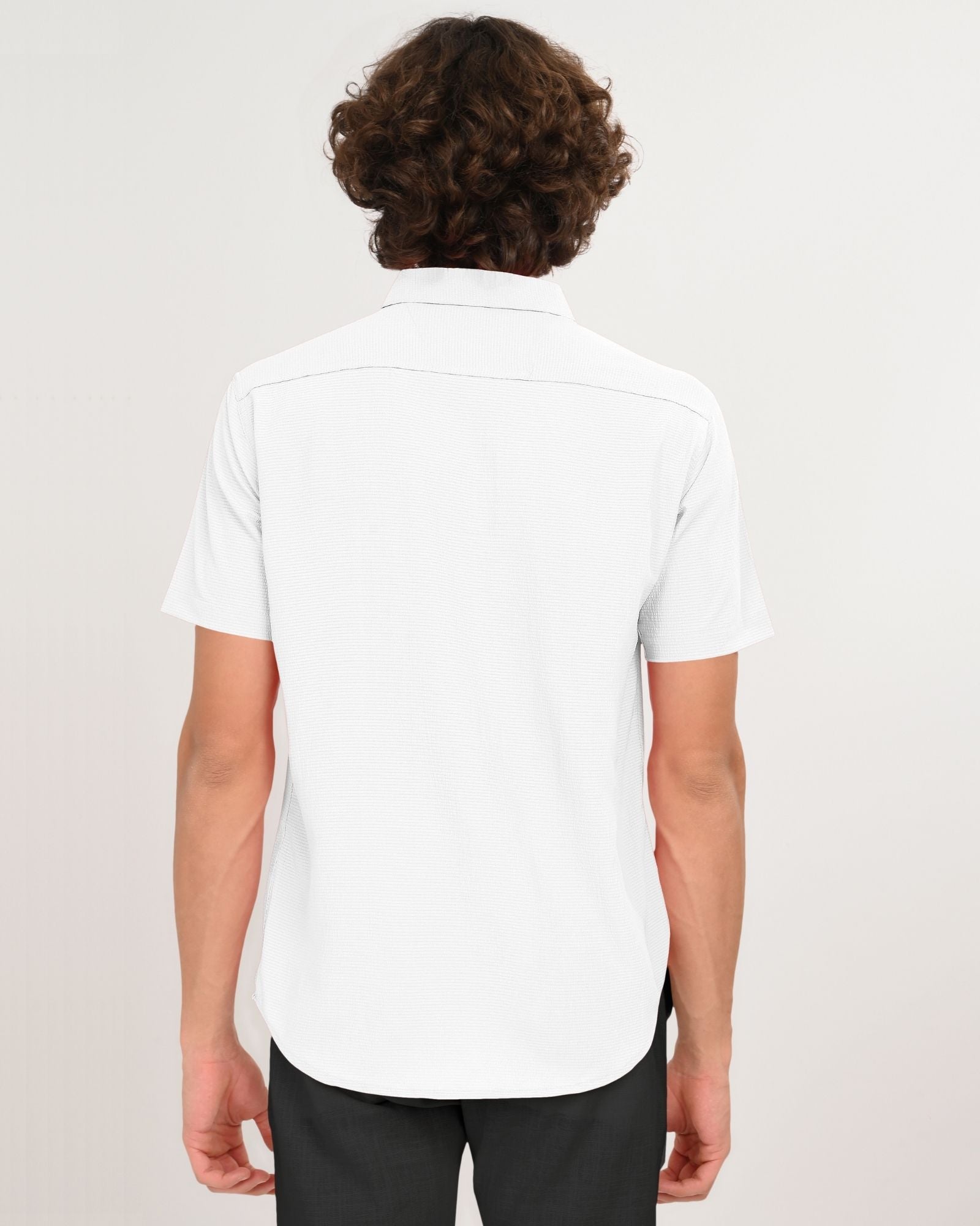 Back view of classic white short sleeve button-down shirt for men