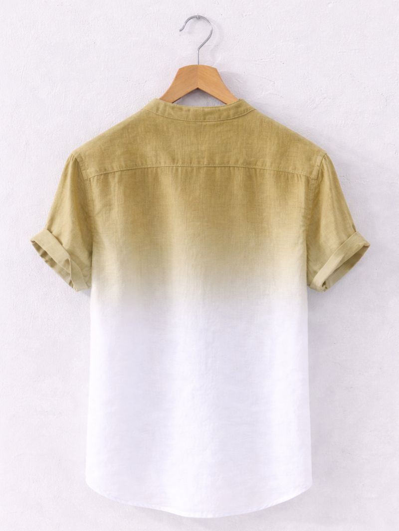 Back view of khaki white Swiss linen fade shirt with reinforced shoulder yoke