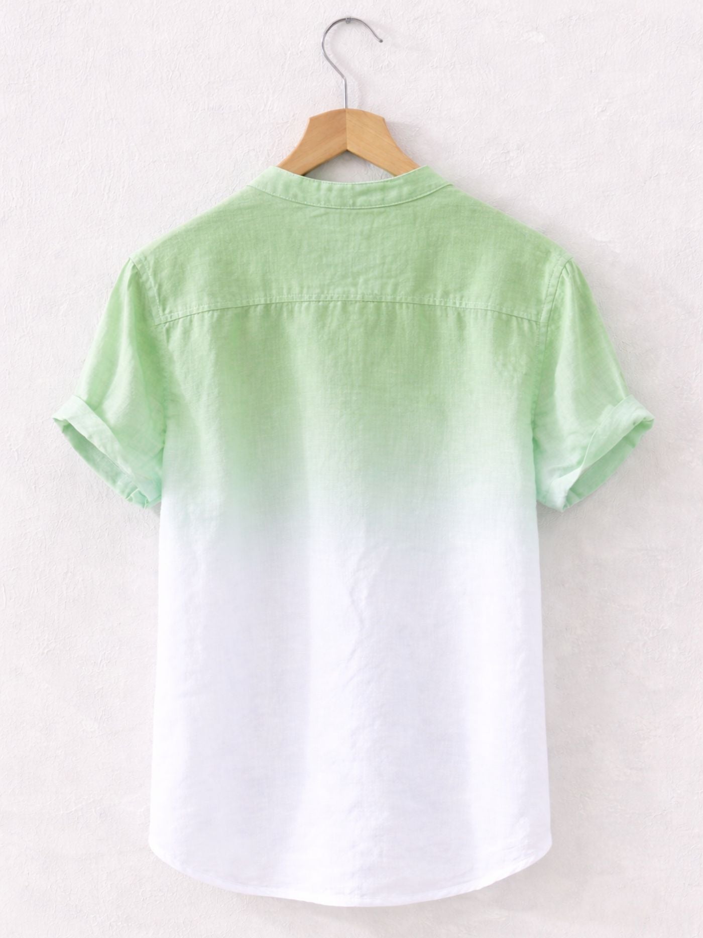 Back view of sea green white Swiss linen fade shirt with reinforced shoulder yoke