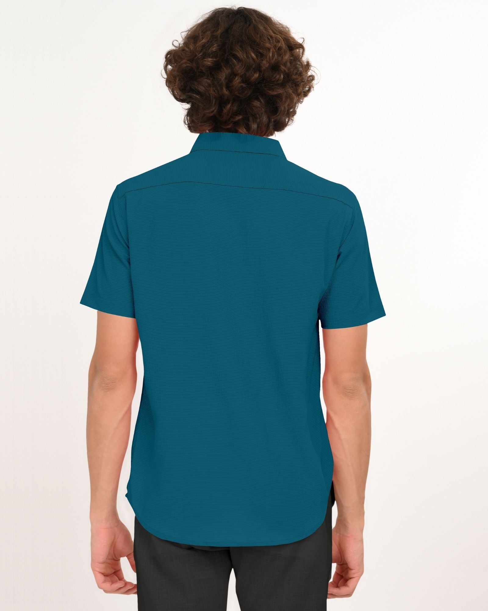 Back view of teal short sleeve button-down shirt for men