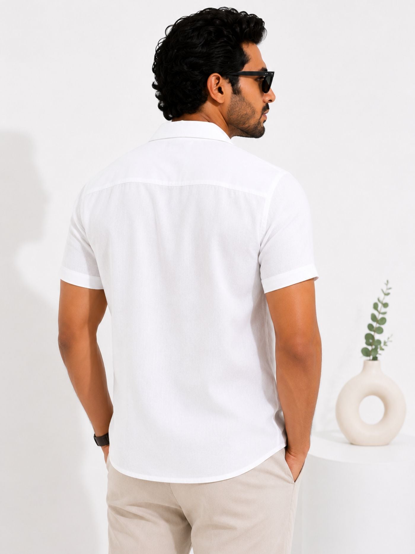 Back view of the Lucent Pure White half sleeve shirt for men
