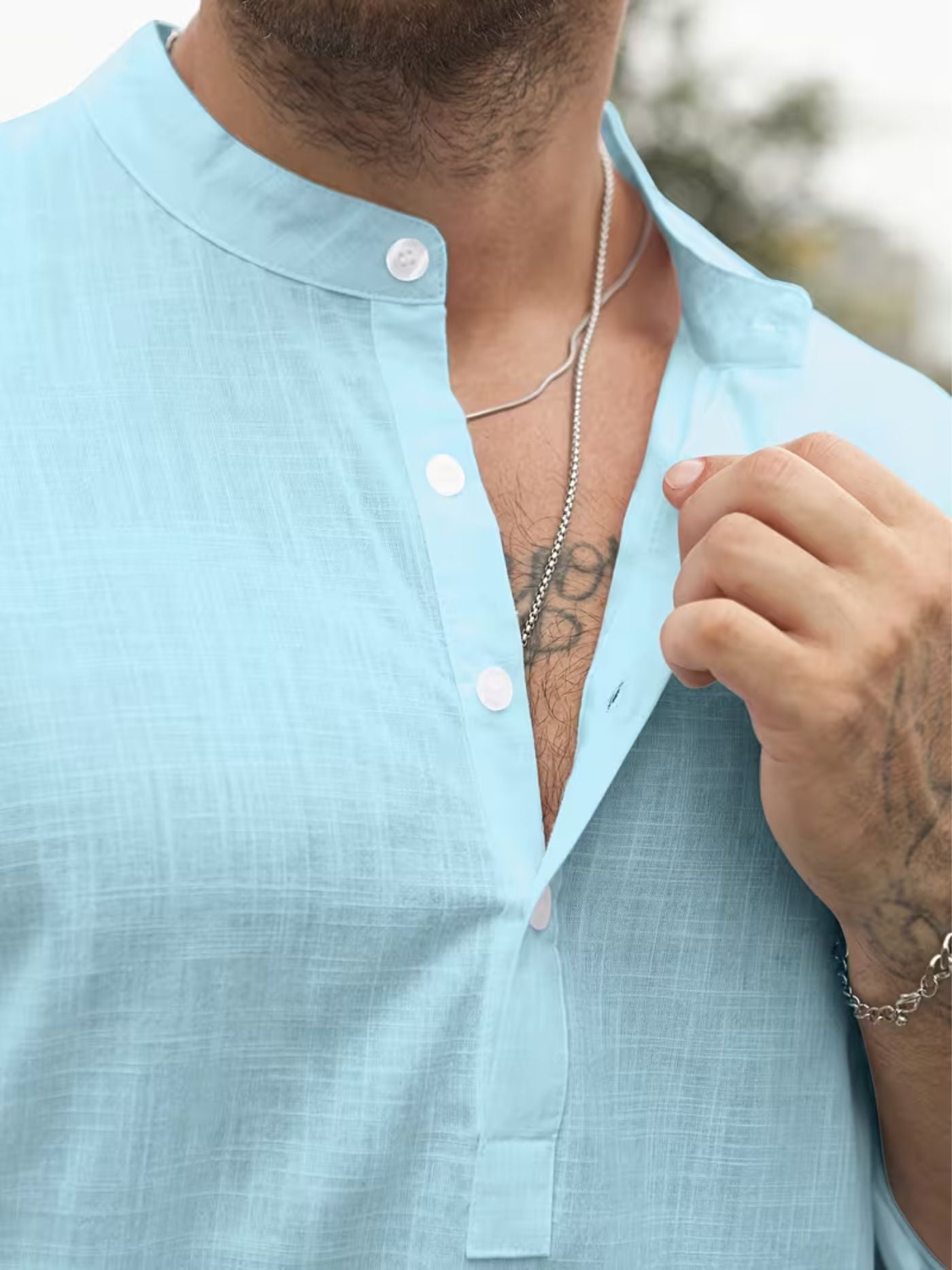 Close-up collar detail light blue engineered shirt