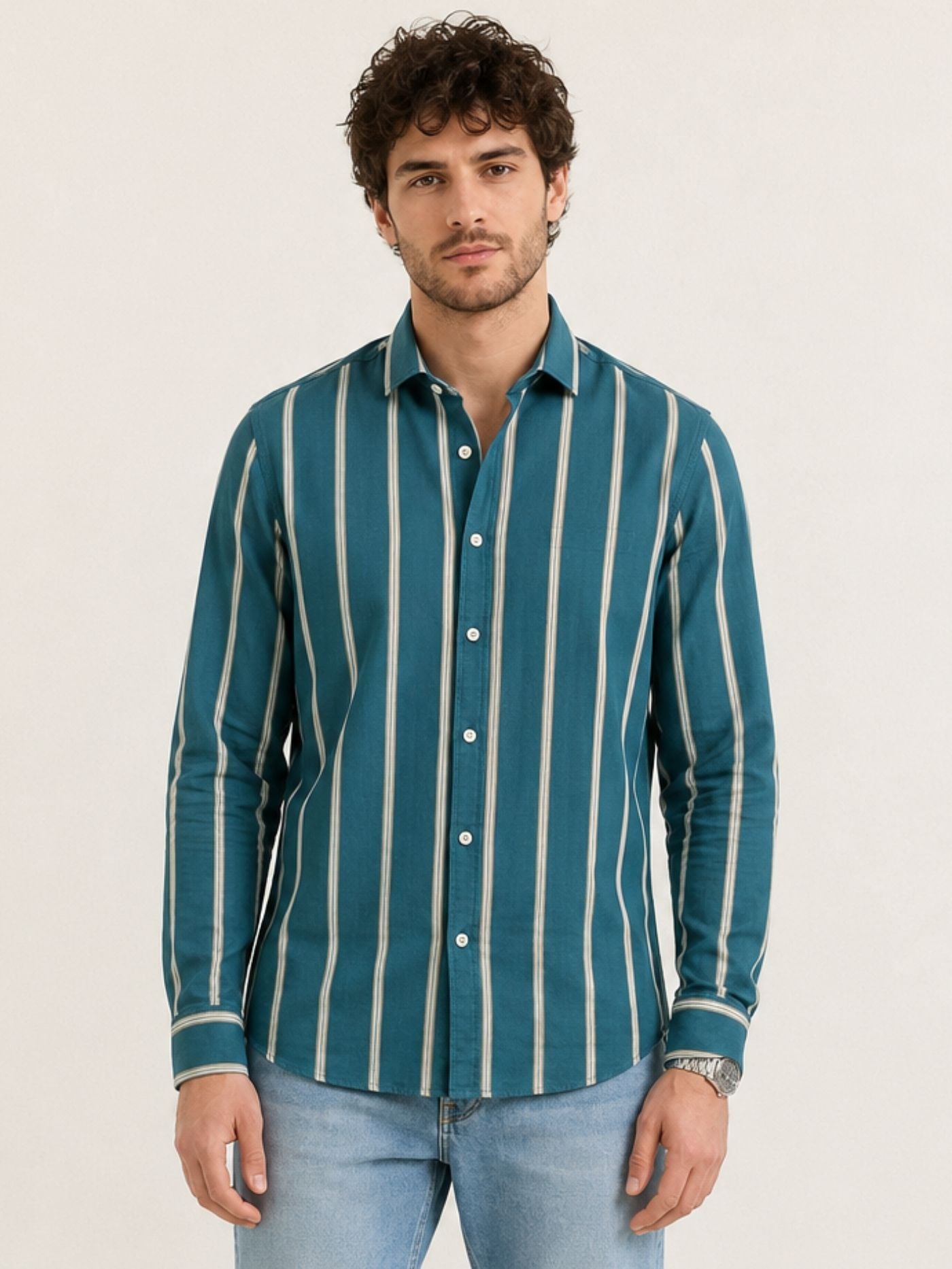 Front view of Aeron deep teal vertical-striped full-sleeve shirt for men
