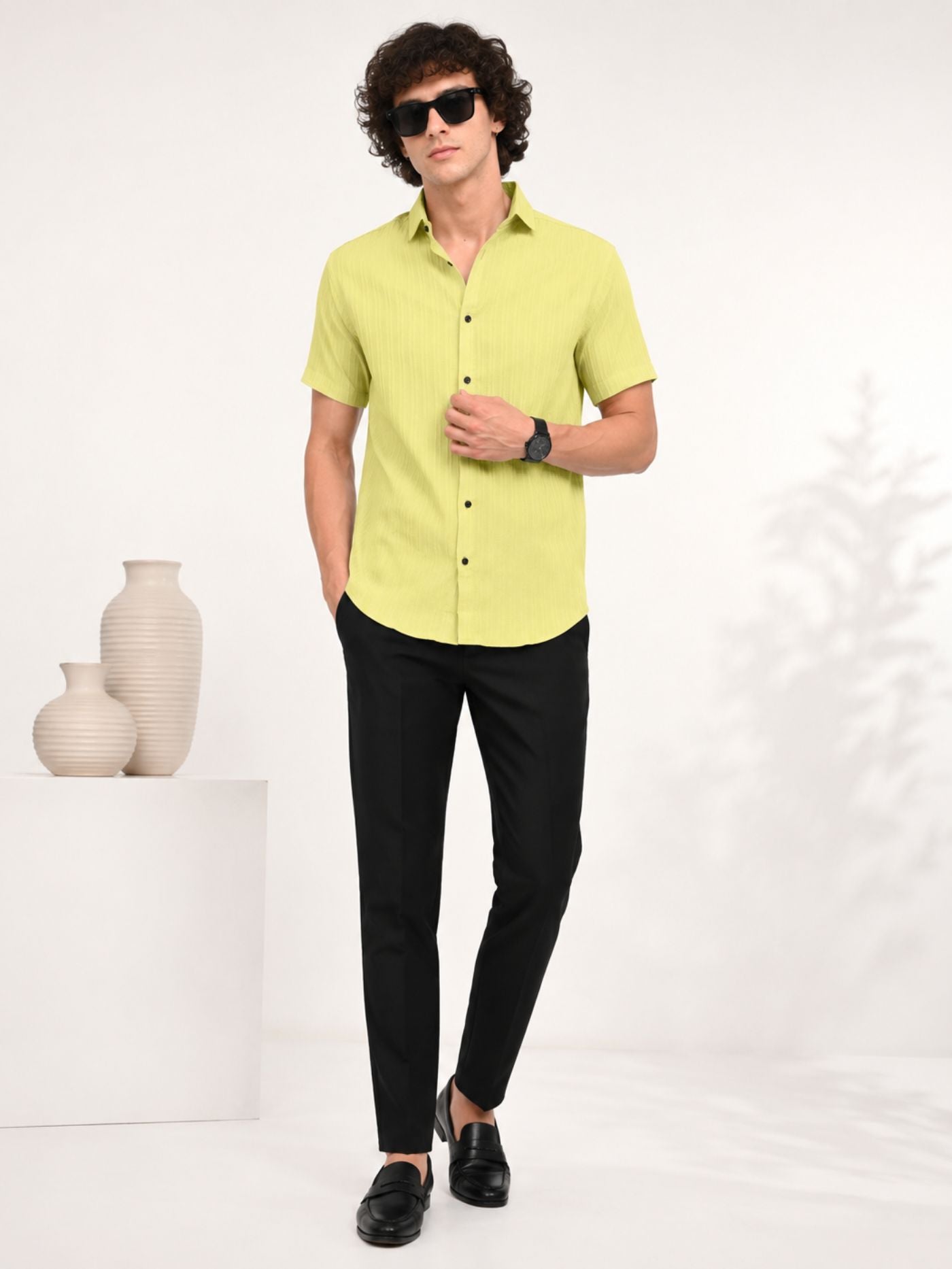 Front view of Cottonfolk Solace Lime Zest lightweight polyester shirt
