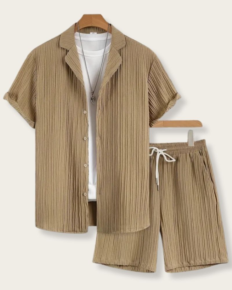 Front view of Desert Sand Loungewear with shirt and shorts in beige
