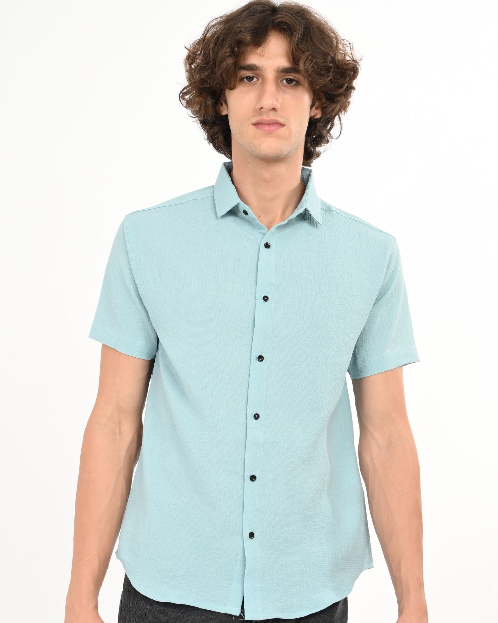 Front view of men’s light blue textured short sleeve button-up shirt up to 5XL