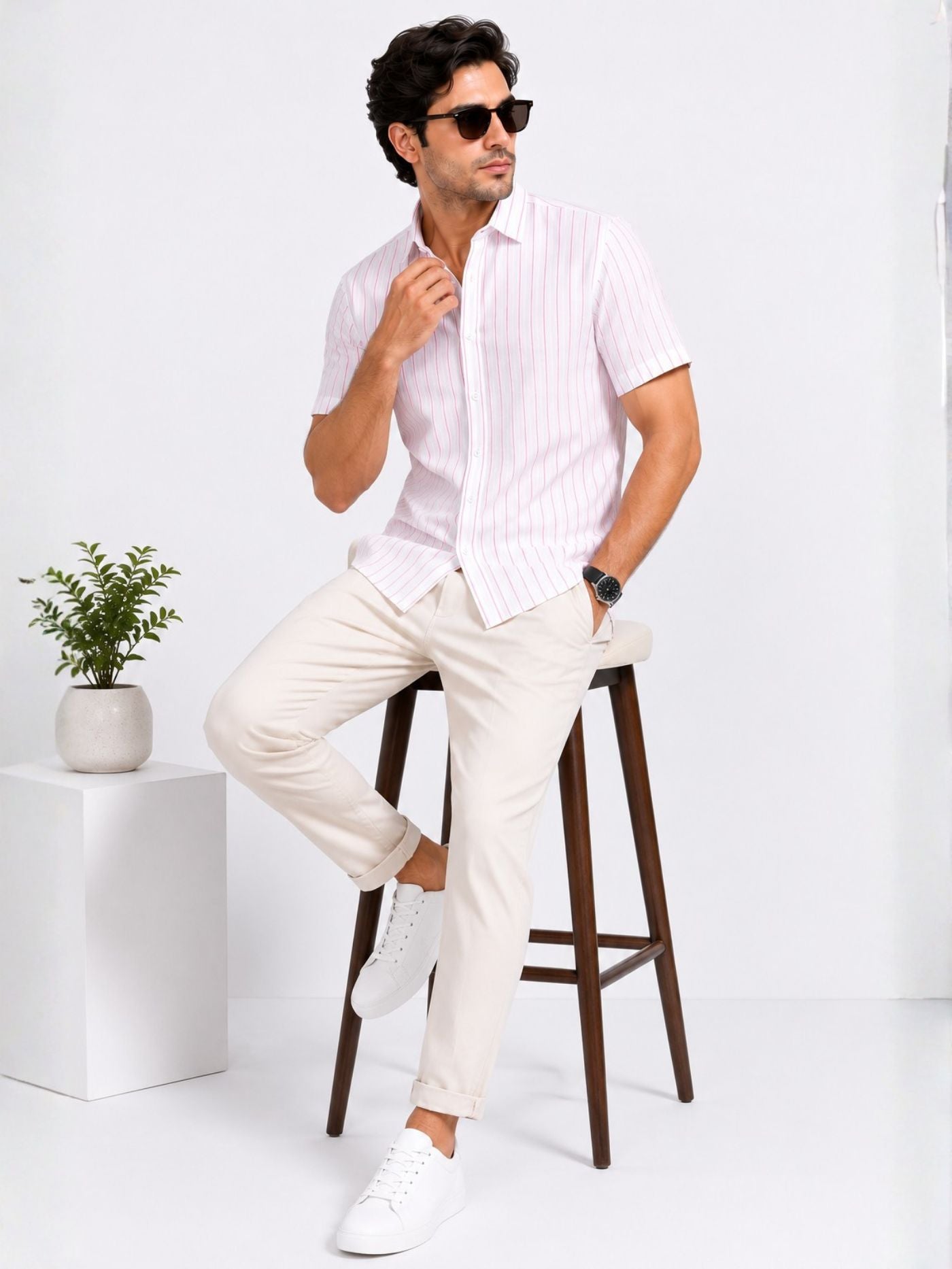 Full-length view of the Elio Blush Pink striped shirt with coordinated trousers