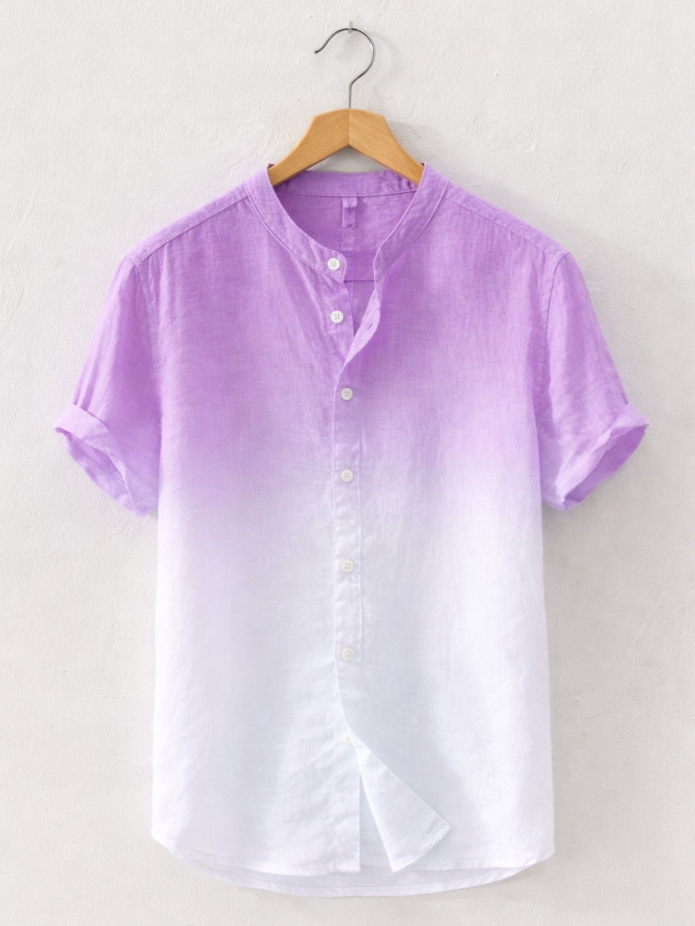 Lavender white Swiss linen fade shirt for men with mandarin collar