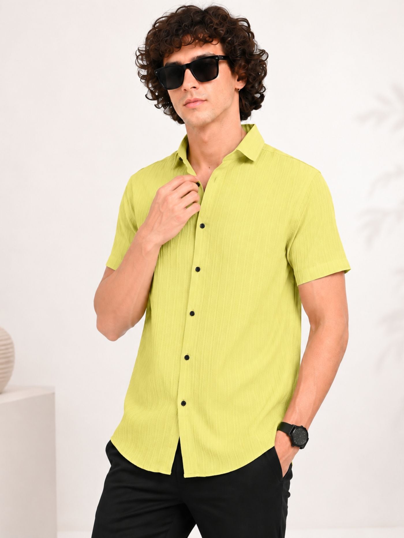 Male model wearing Cottonfolk Solace Lime Zest air-texture half-sleeve shirt
