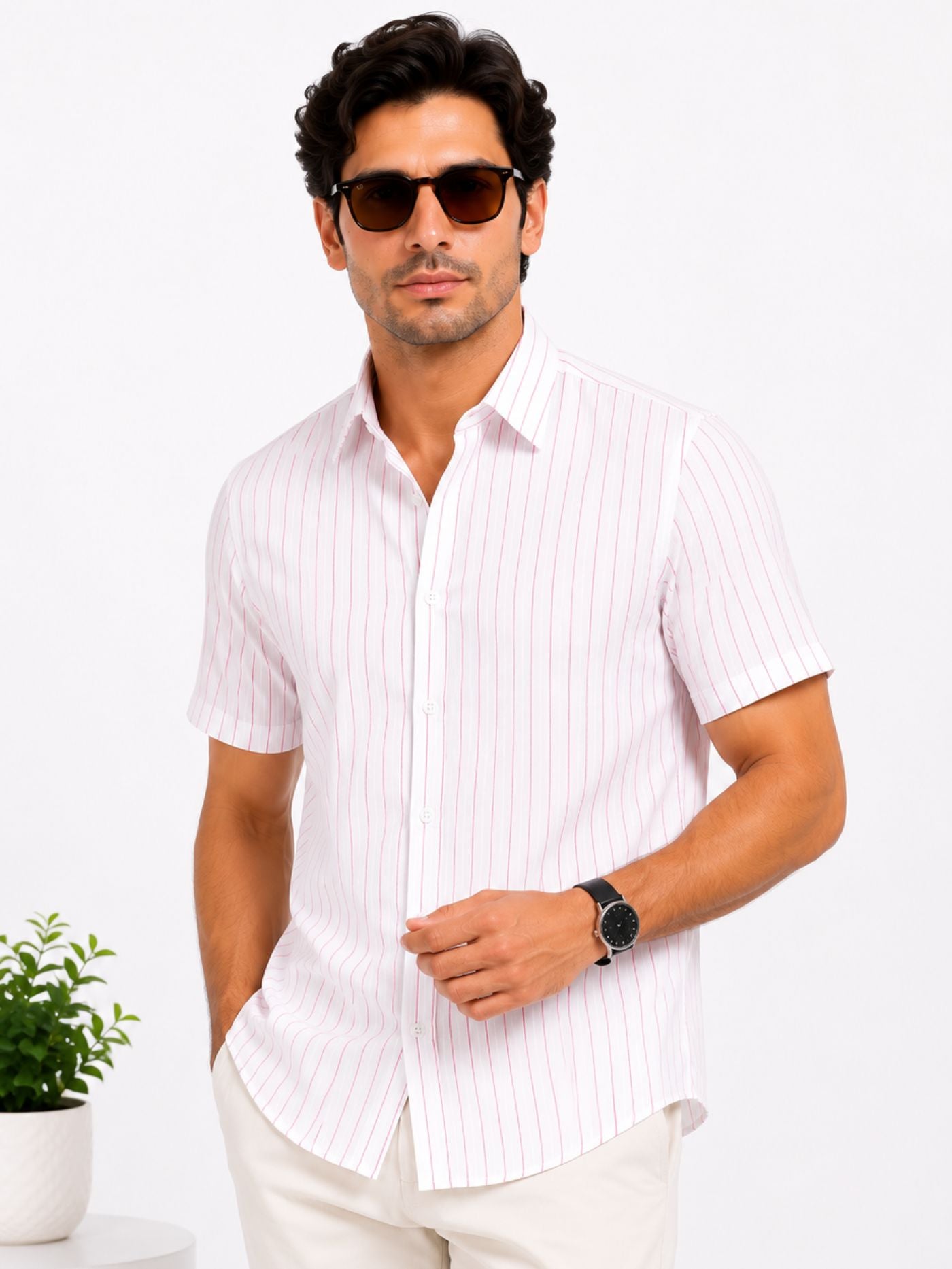 Male model wearing the Elio Blush Pink Fine-Stripe Shirt with beige trousers