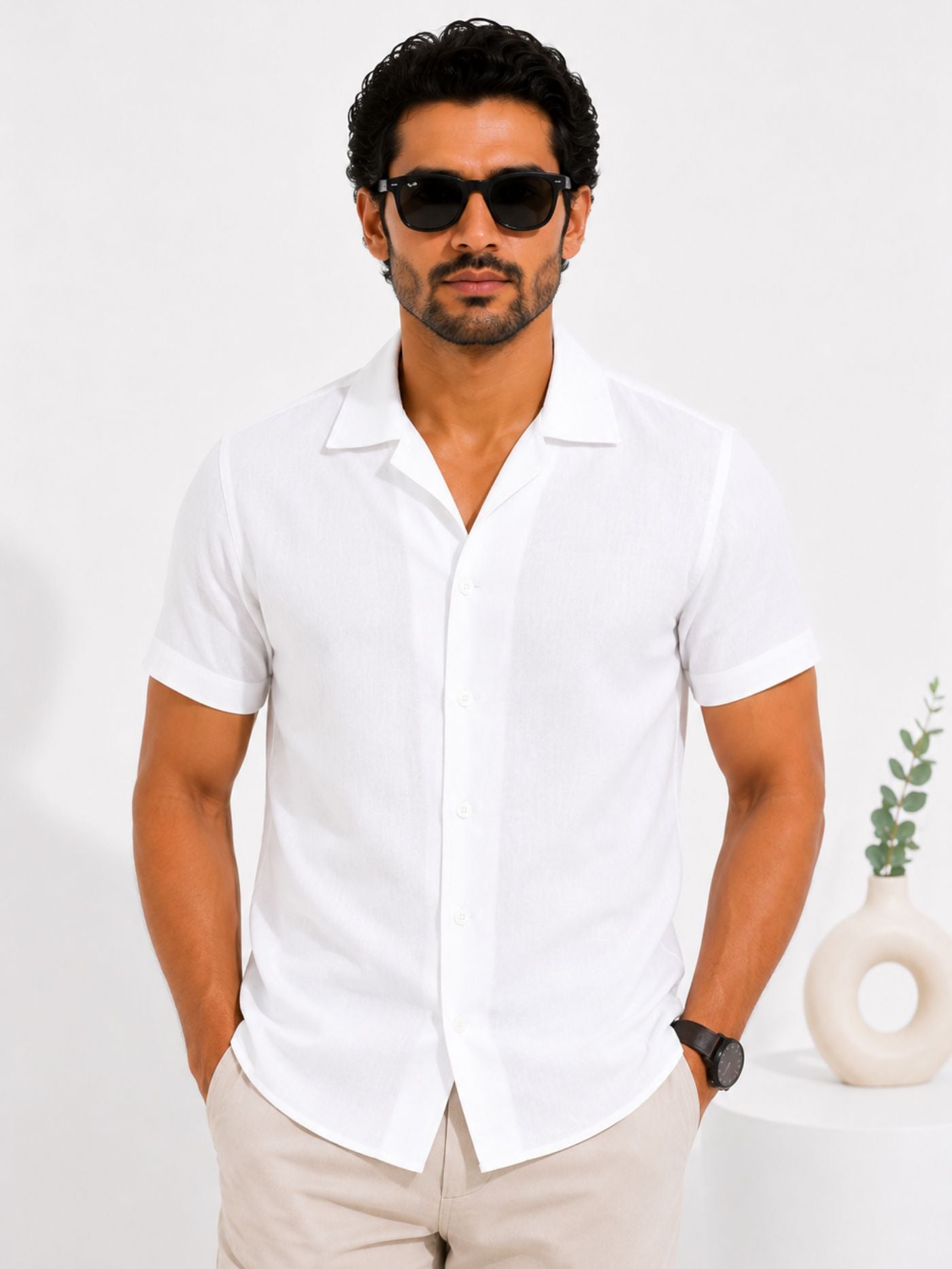 Male model wearing the Lucent Pure White Cuban Collar Shirt front view