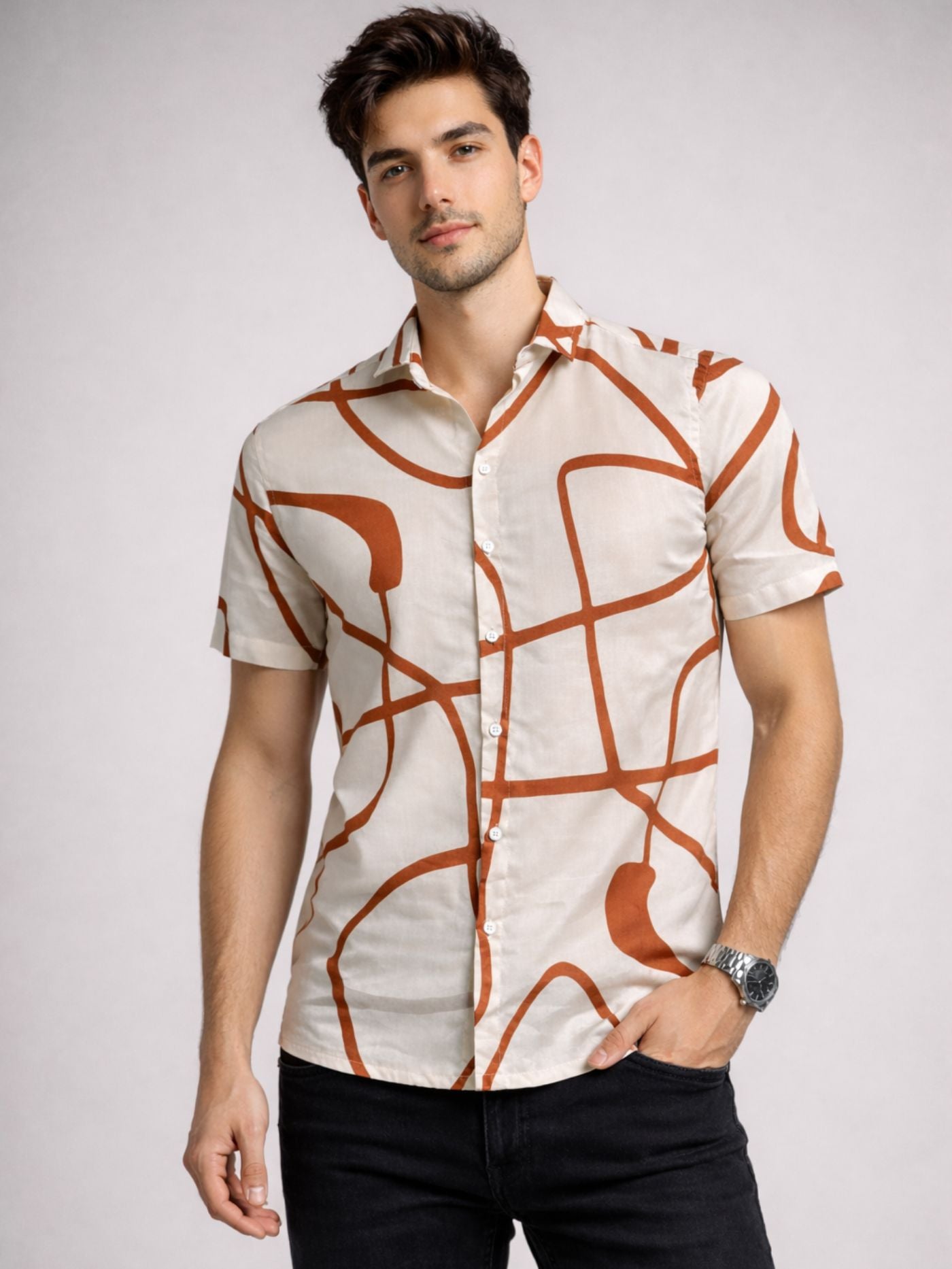 Man wearing Contour Canvas abstract print shirt front view