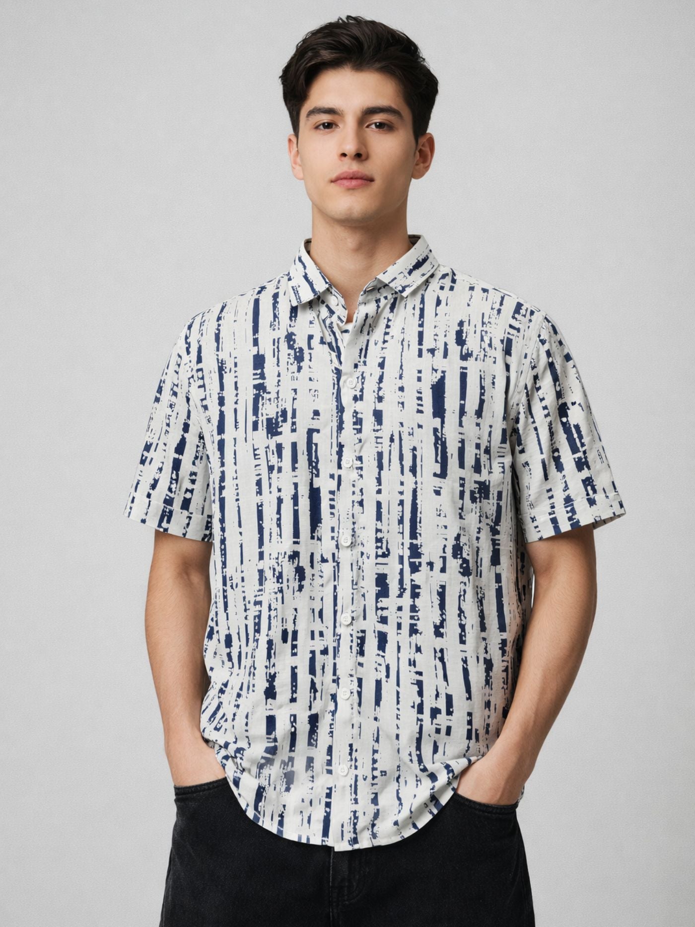 Man wearing InkTrail abstract blue print shirt front view
