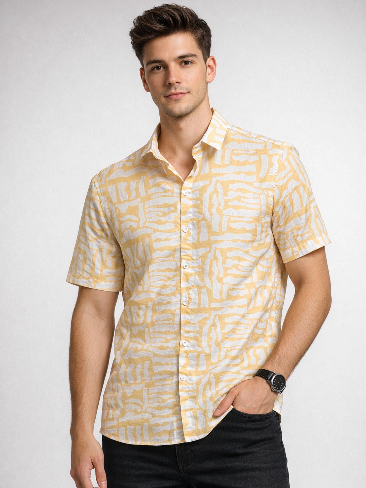 Man wearing SunTrail yellow abstract print shirt front view