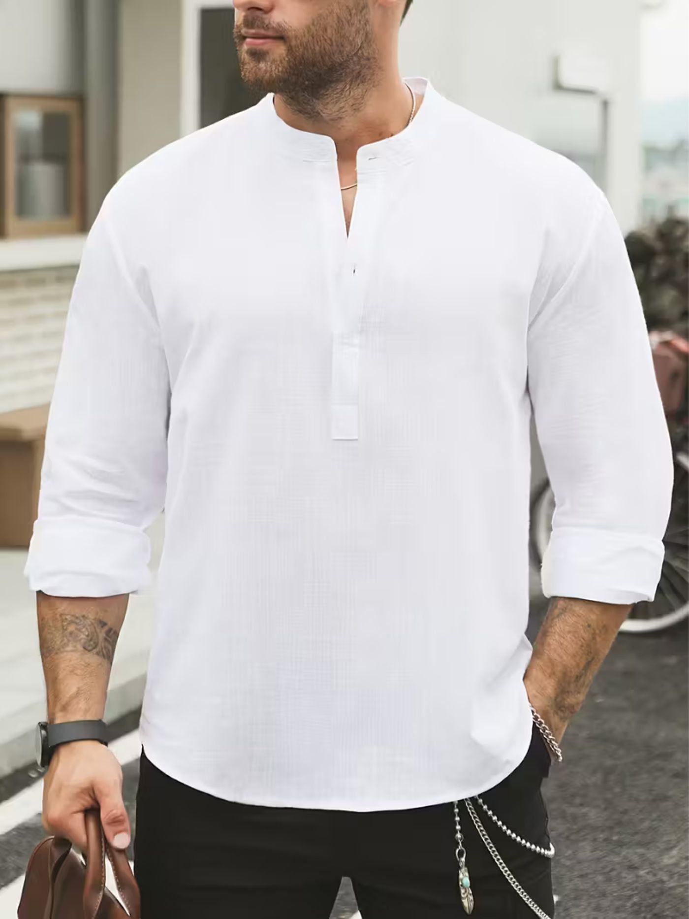 Mandarin collar engineered performance shirt for men