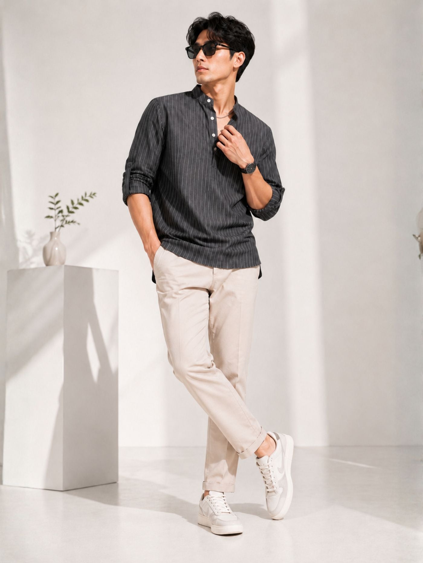 Stylish men's charcoal grey striped shirt with roll-up sleeves and band collar.