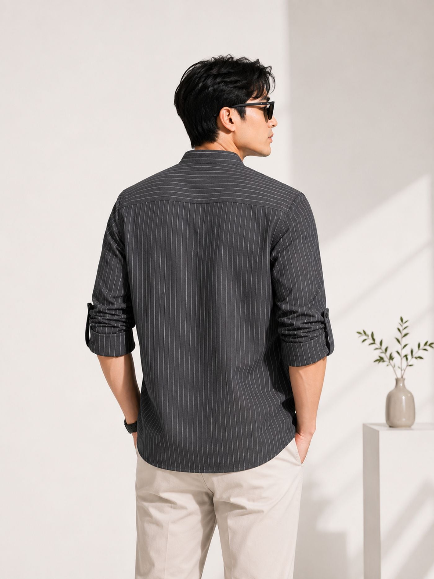 Men's regular fit charcoal pinstripe shirt with a minimalist Mandarin collar.