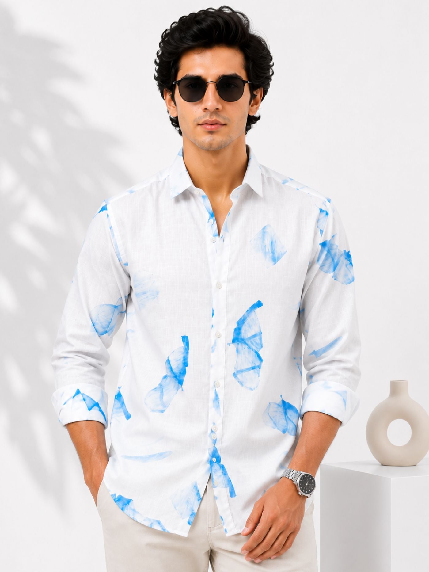 men’s white and sky blue printed shirt