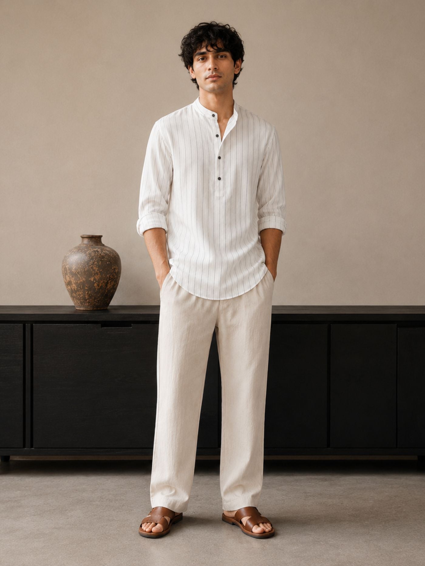 Premium men's white striped Mandarin collar shirt in a smart casual look.