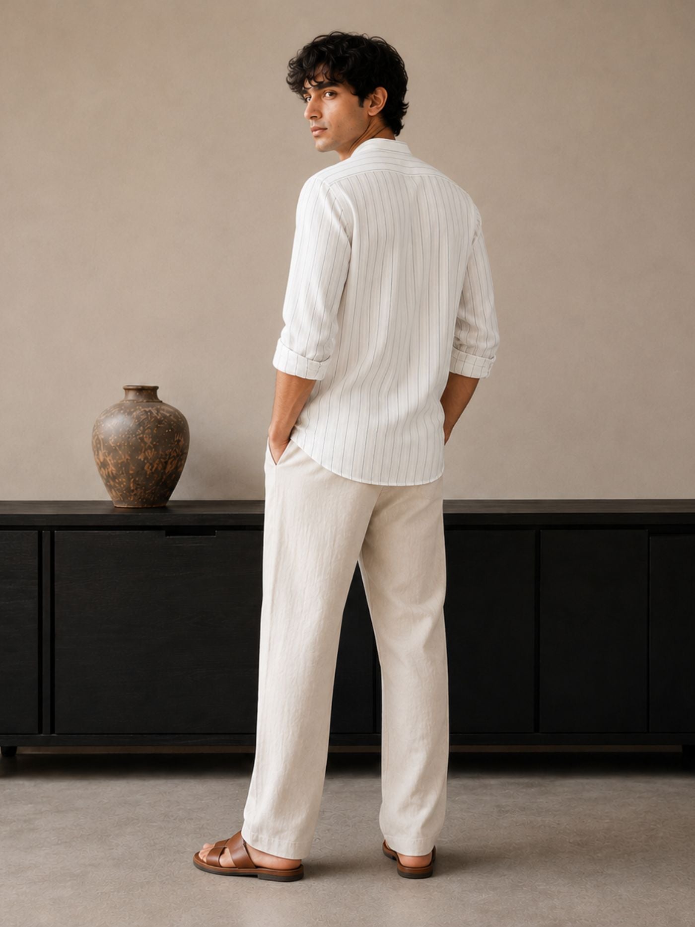Men's regular fit white pinstripe shirt in premium cotton fabric.