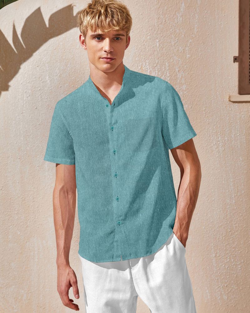 Aqua Linen Collarless Shirt - Main Image