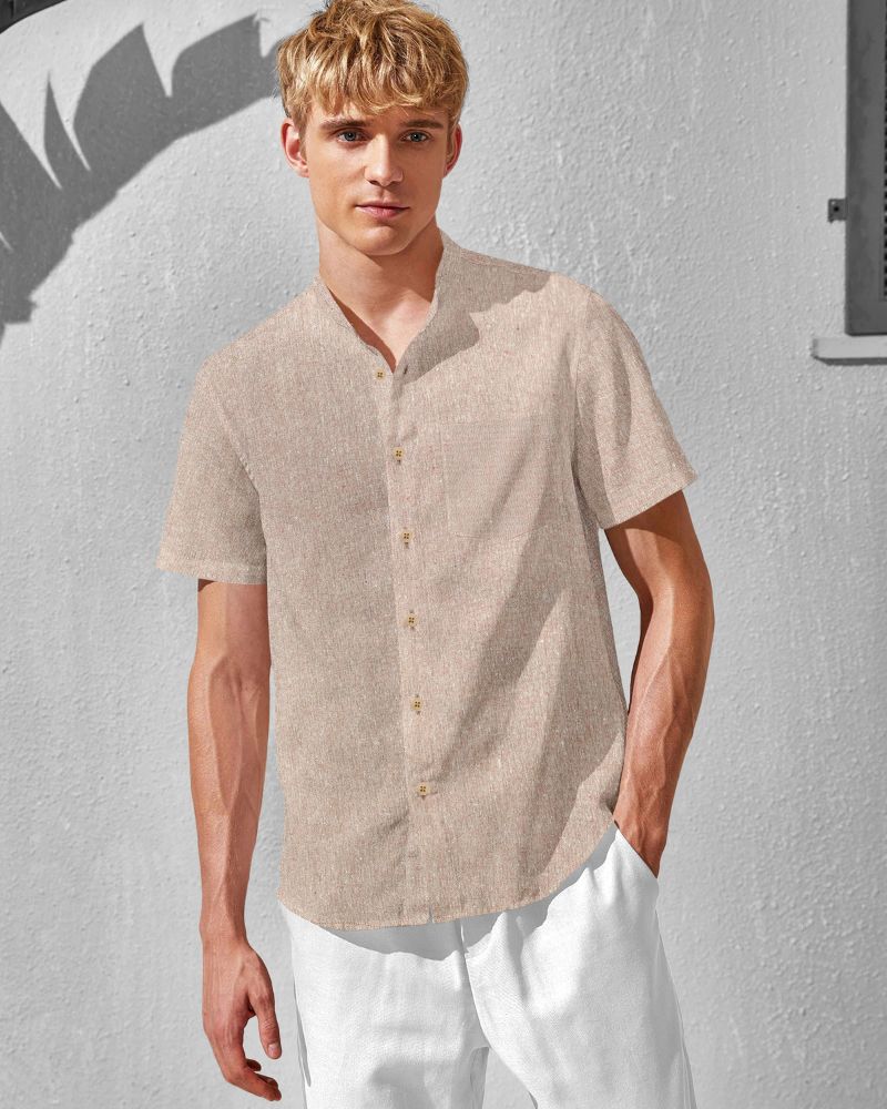 Men’s sandstone linen collarless shirt