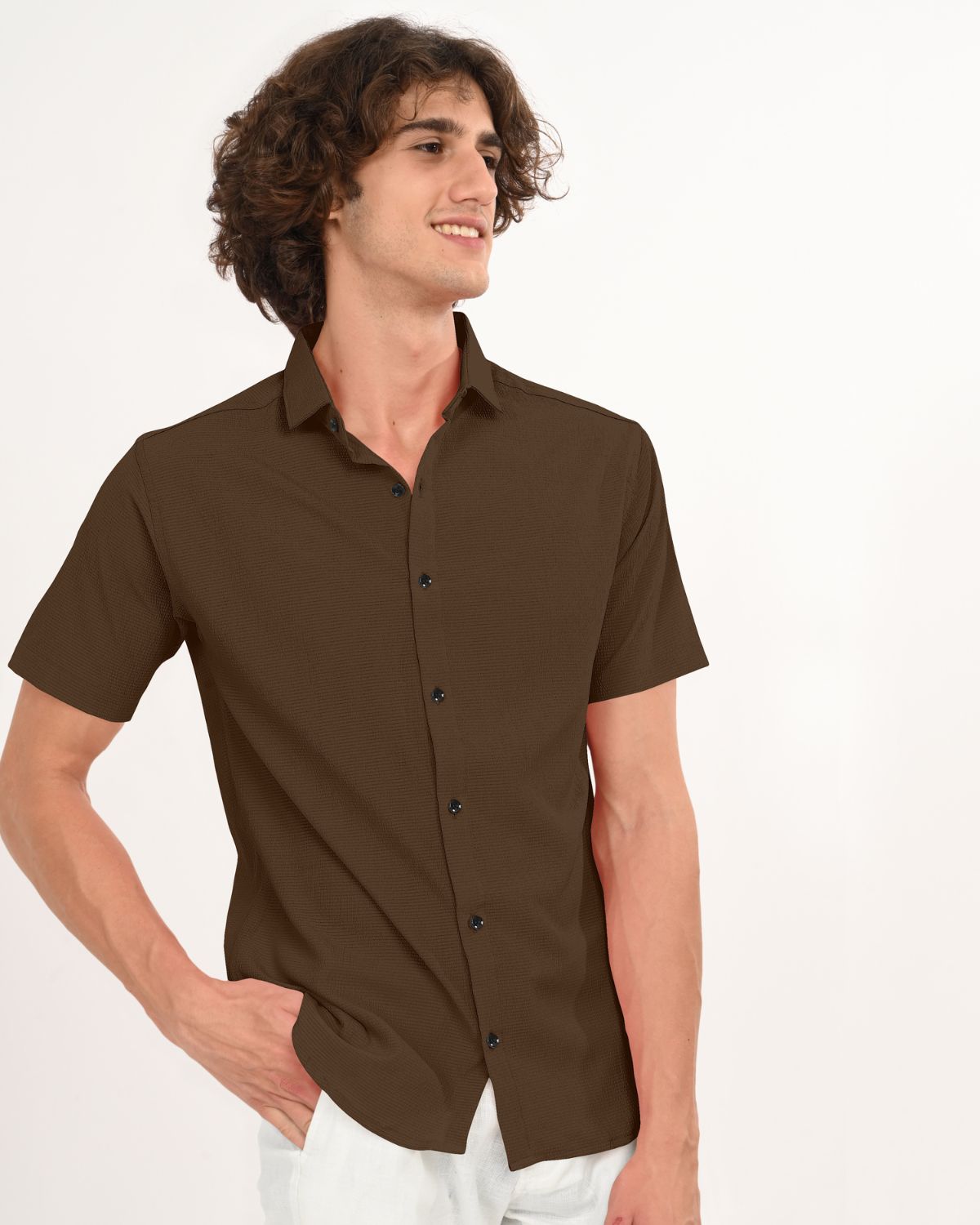 Men smiling in espresso brown textured short sleeve shirt front view