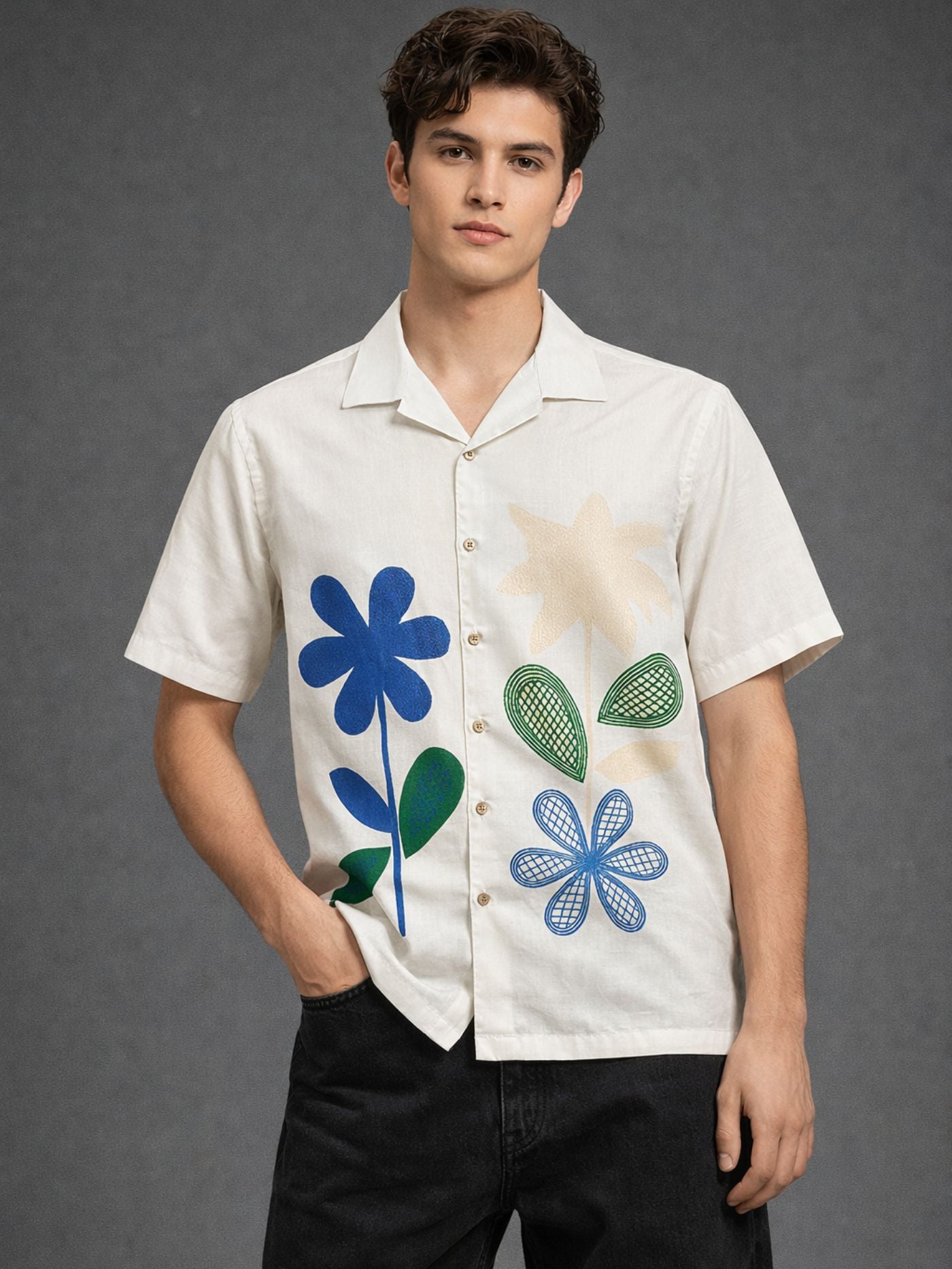 Modern Meadow ivory floral summer shirt for men front view