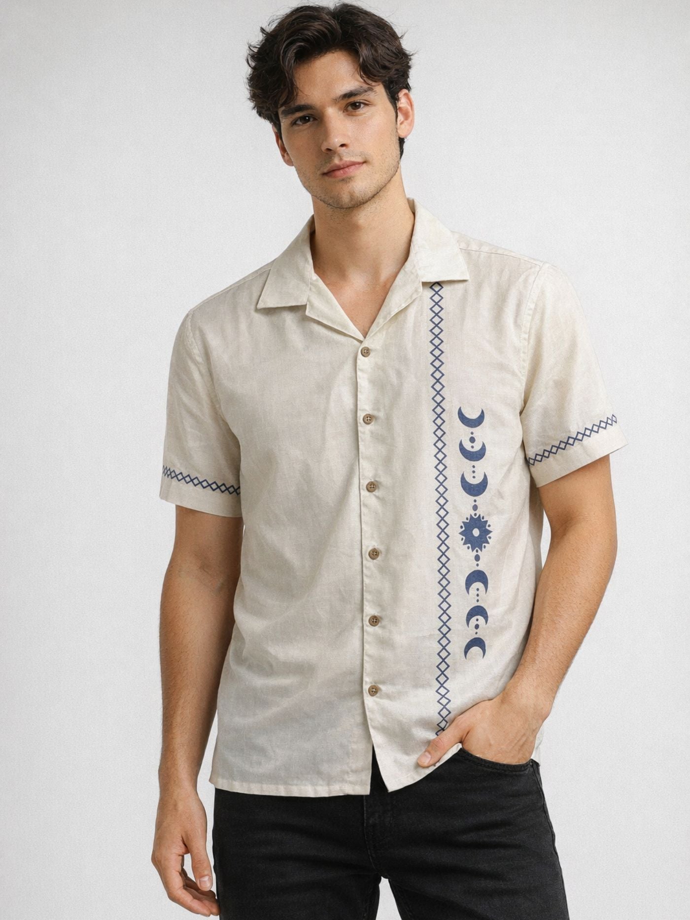 Moonphase Nomad sand indigo summer shirt for men front view