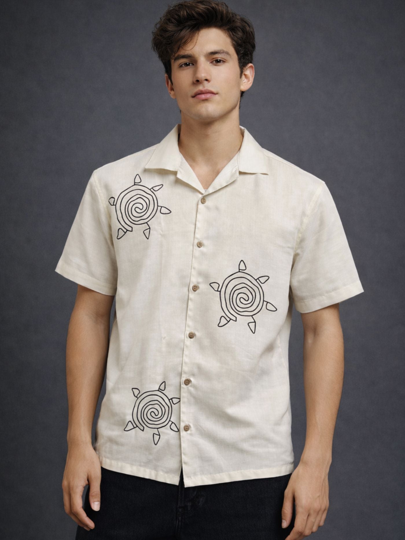 Nomad Spiral sand tribal print summer shirt for men front view