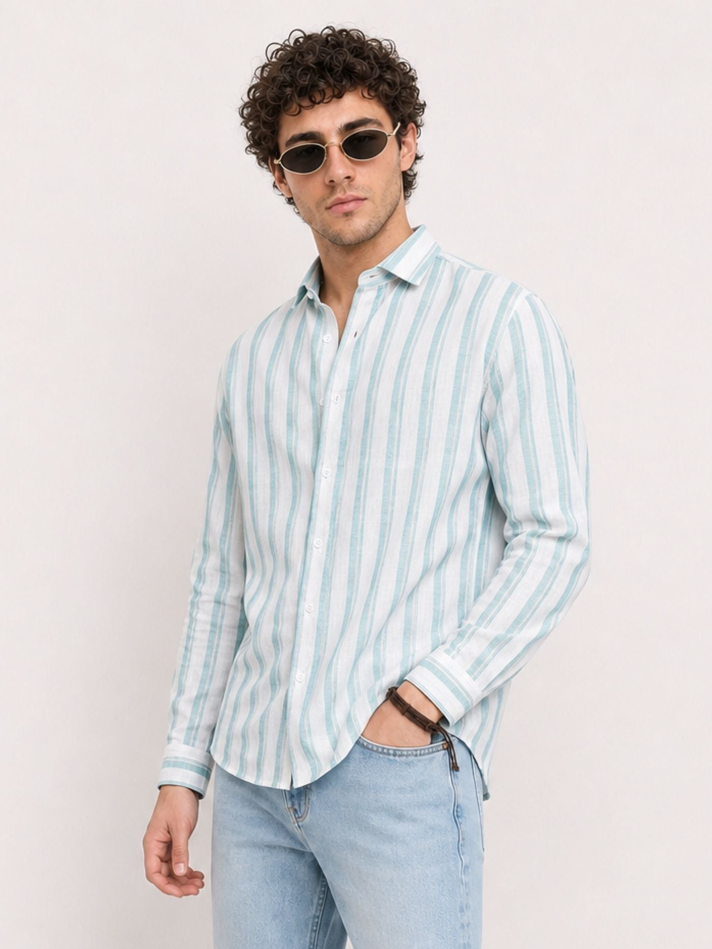 Men’s aqua blue striped full-sleeve shirt