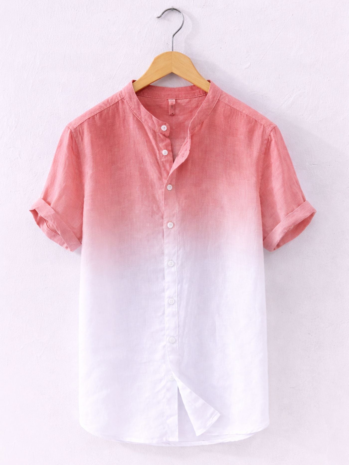 Rose white Swiss linen fade shirt for men with mandarin collar