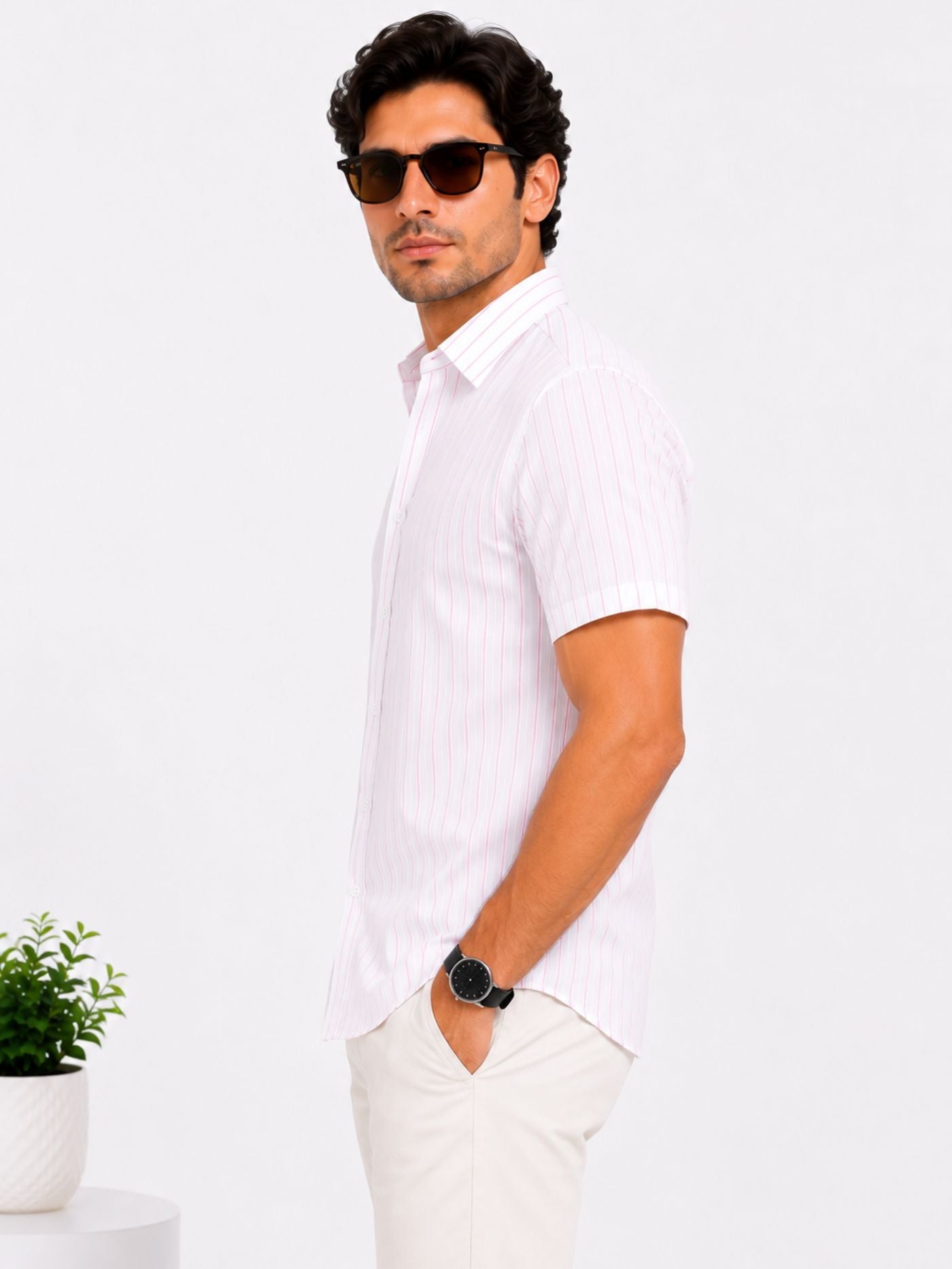 Side view of the Elio Blush Pink Fine-Stripe Shirt for men