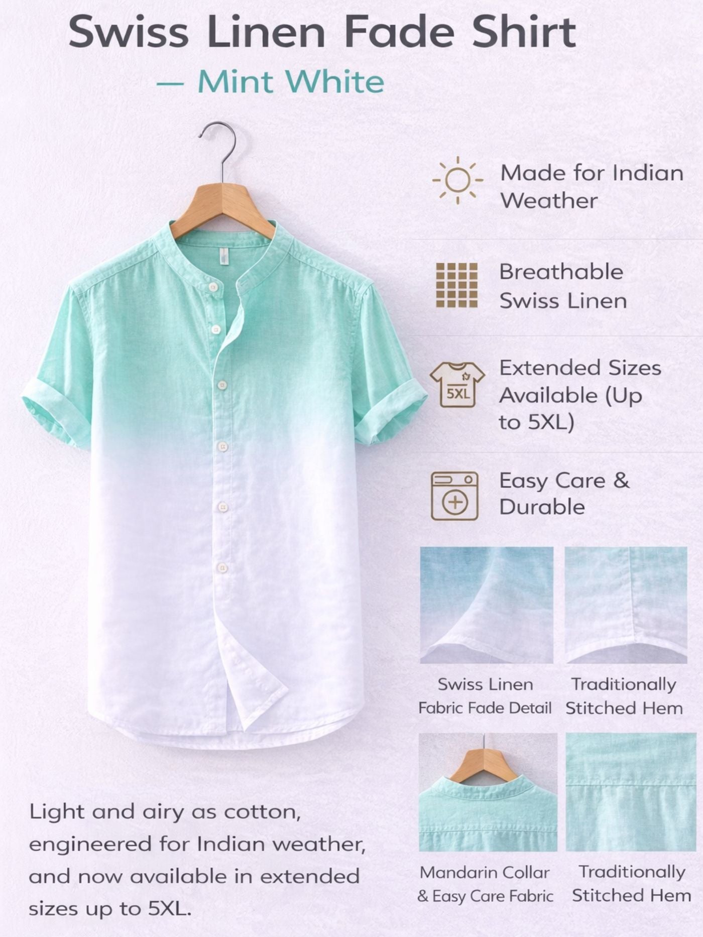 Swiss Linen Fade Shirt Mint White breathable fabric, extended sizes up to 5XL, made for Indian weather