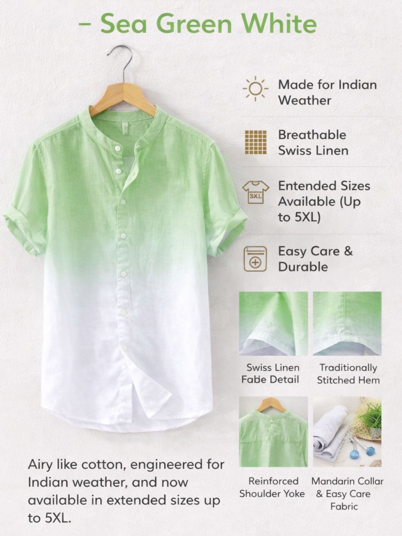 Swiss linen fade shirt sea green white showing fabric and craftsmanship