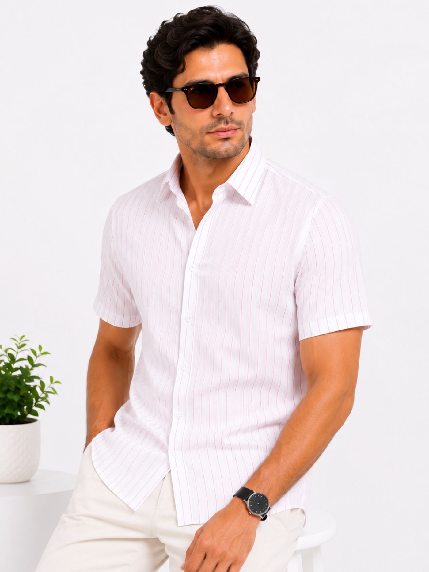 The Elio Fine-Stripe Shirt Blush Pink front view on wooden hanger