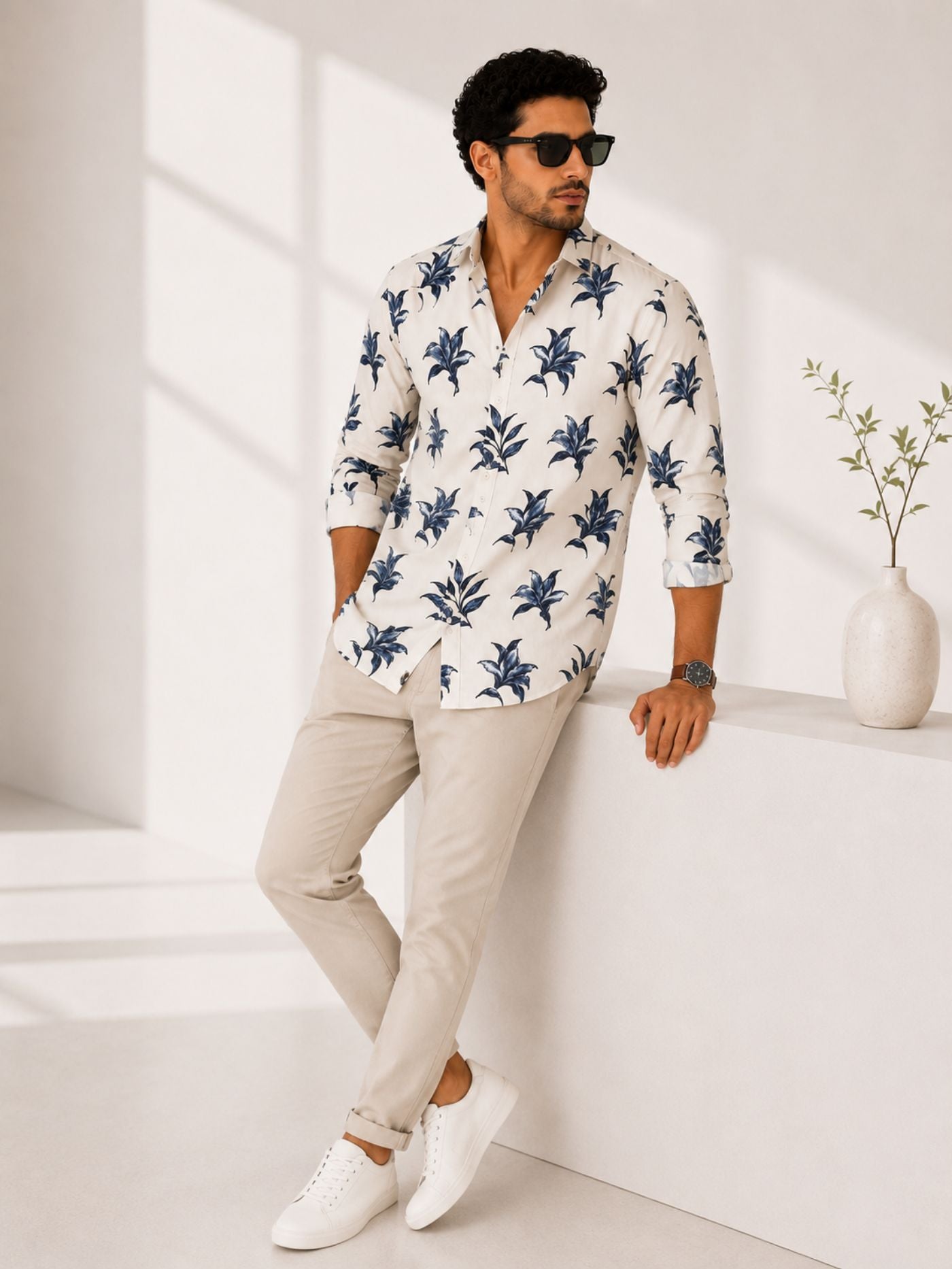 men’s indigo lily print shirt