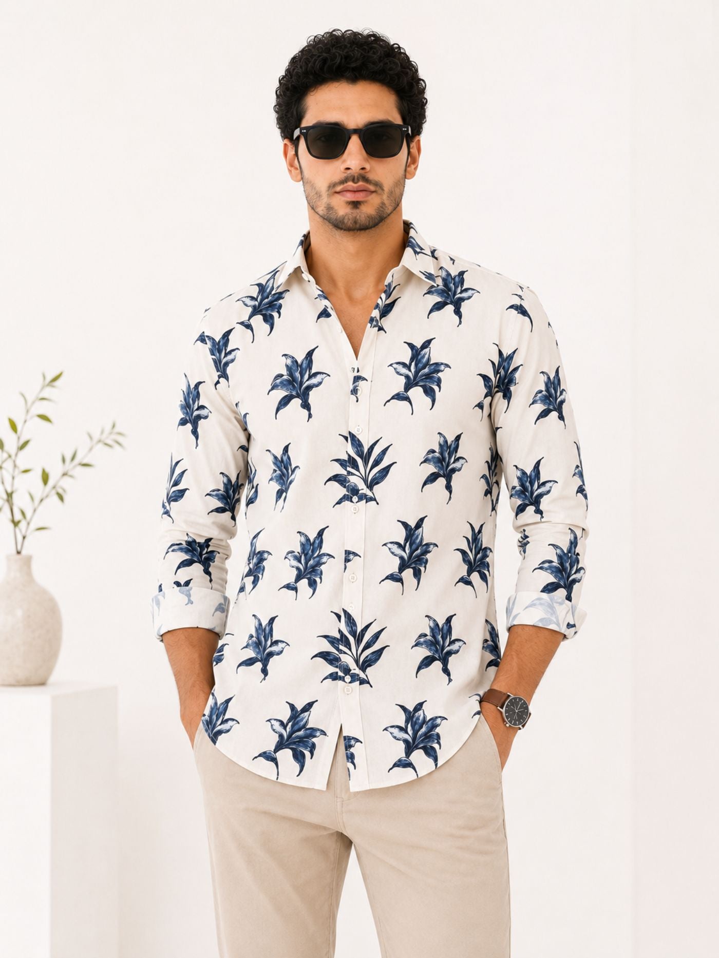 men’s ivory floral printed shirt