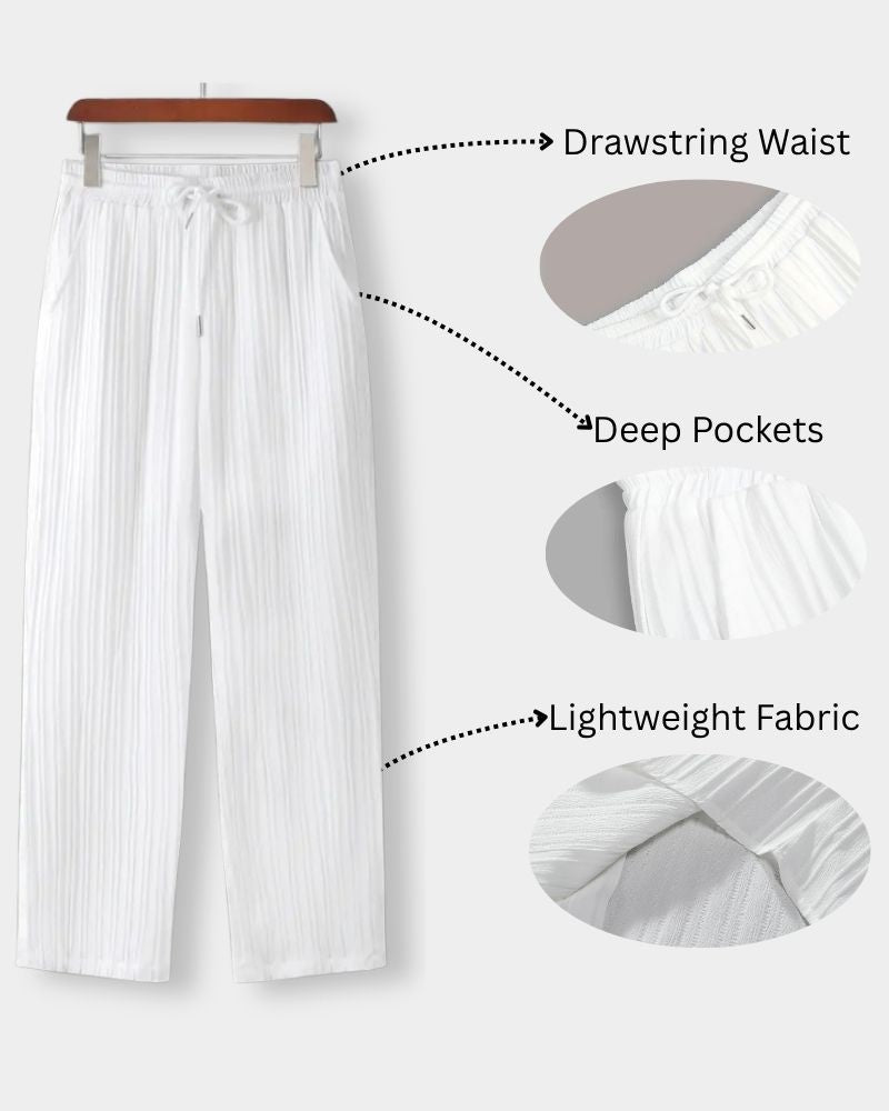 Men’s Ivory Cane Pleated Lounge Pants – Lightweight & Breathable