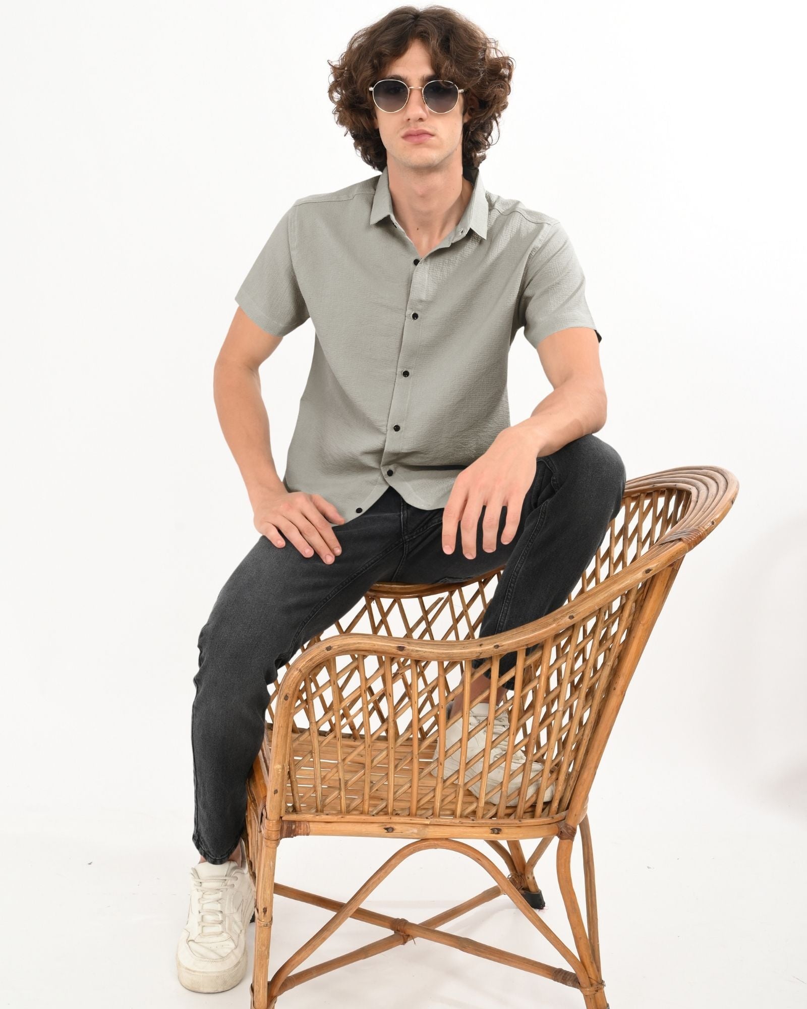Grey Textured Short-Sleeve Button-Up Shirt for Men