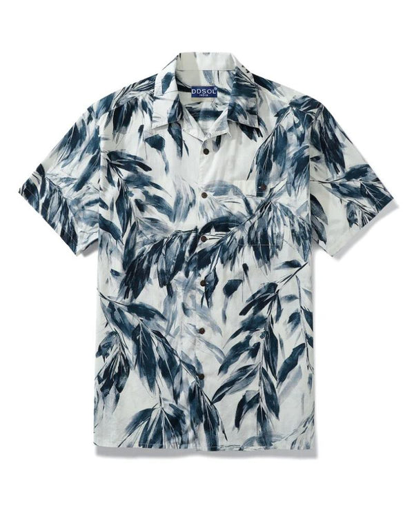 Blue Willow Leaves Print Cotton Shirt